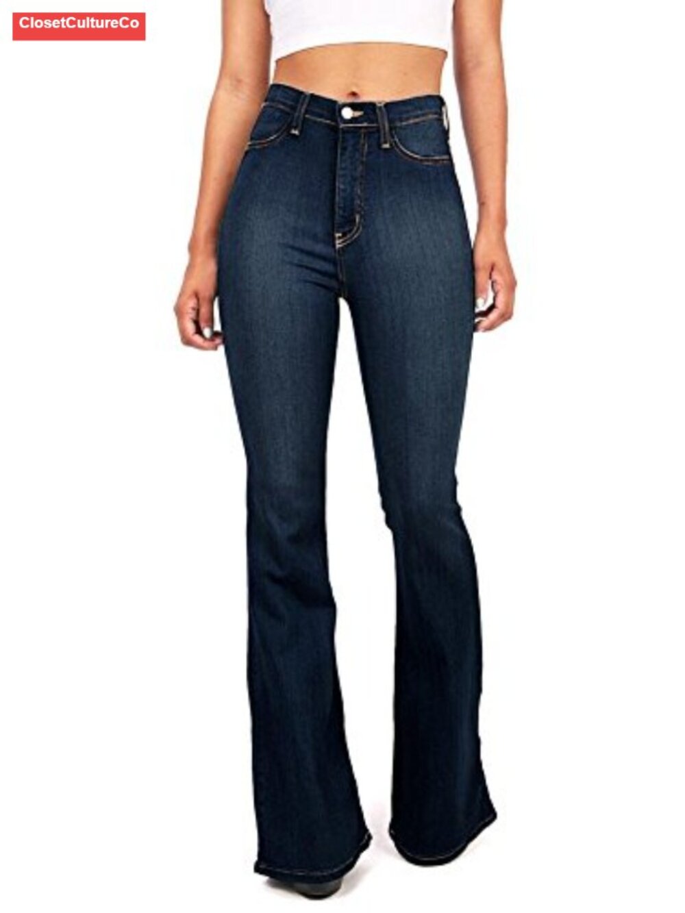 Women's High Waist Fitted Denim Jeans Flared Bell Bottom Palazzo